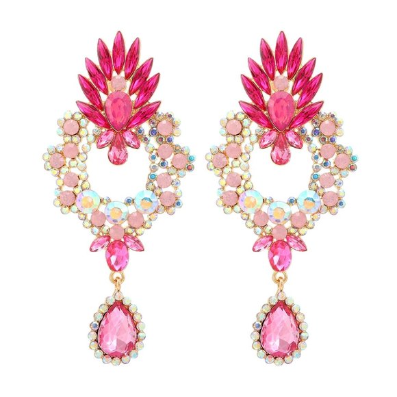 Prom Pageant Bridal Jewelry - Pink Crystal Chandelier Statement Earrings with AB Crystal Accent Stones